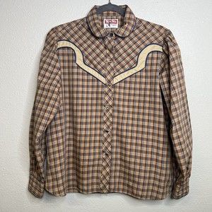 Vintage Tem Tex Embroidered Plaid Western Brown Pearl Snap Button Shirt Size M